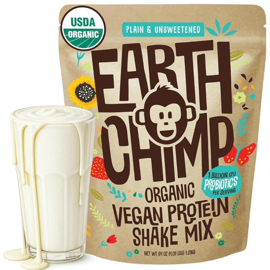 EarthChimp Organic Vegan Proteine pulbere - cu Probiotice - non OMG, lactate gratuit, non Whey, Pe bază de plante proteine pulbere pentru femei și bărbați, Gluten gratuit - 52 Serviri, 64 Oz (Plain & Neîndulcit)