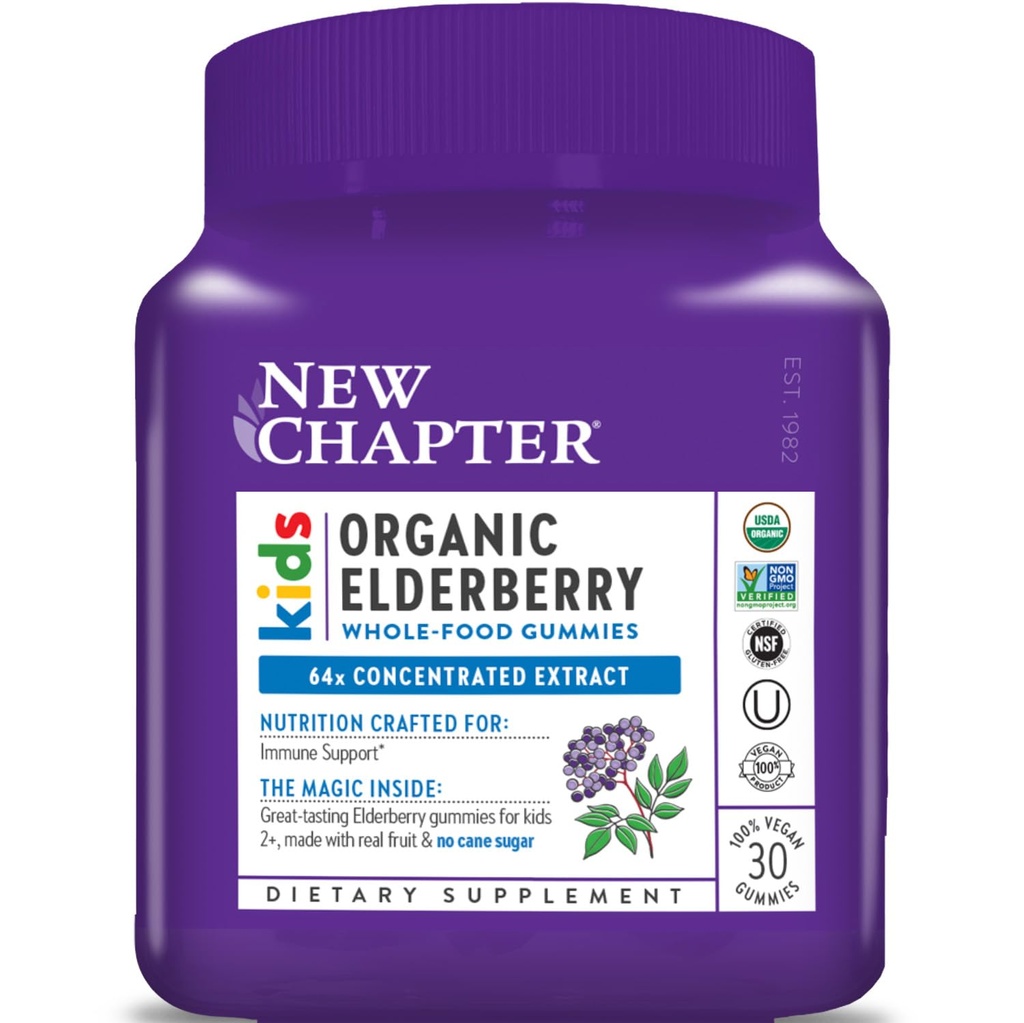 New Chapter Elderberry Gummies for Kids 2+, USDA Organic,64x Concentrated Pure Elderberry for Immune Support,Great Tasting Whole- Food Gummies, Vegan & Non-GMO, 30 ct