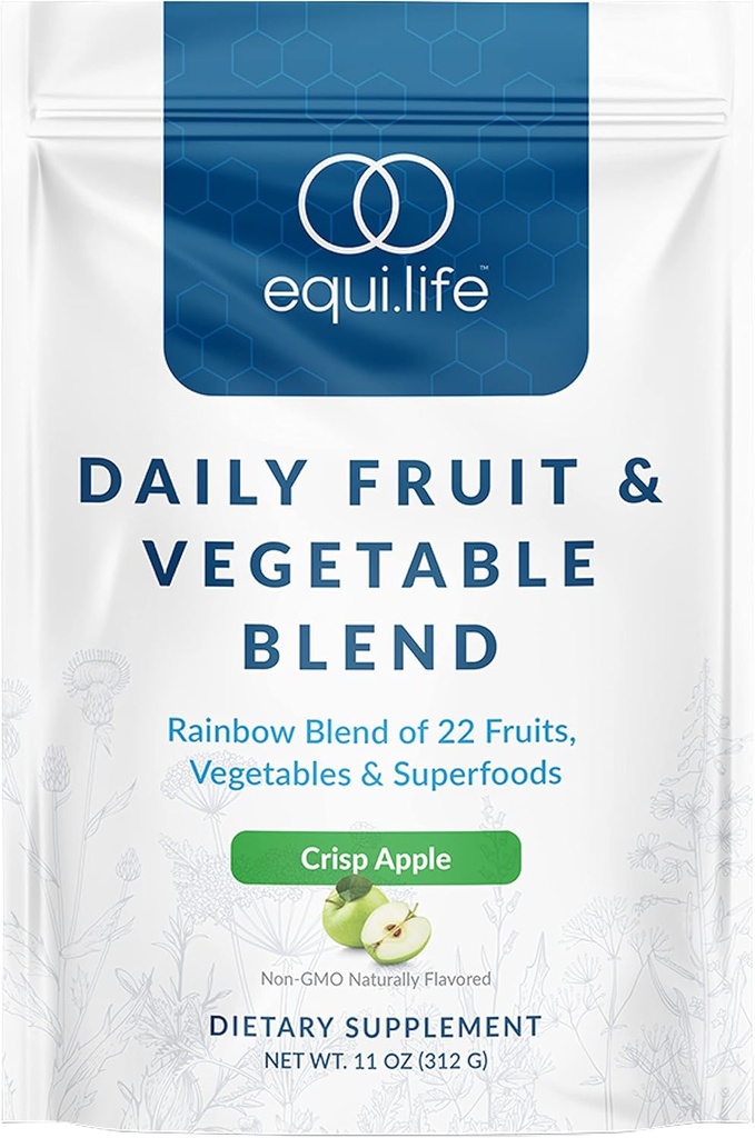 Equilife Daily Fruit & Vegetal Blend, Superfood Antioxidant Supliment, Crisp Apple Arovă cu vitamina C, Fibră și 9 Aminoacidi esențiali, Suporturi Energie, Zahăr scăzut, Vegan, 30 Serviri