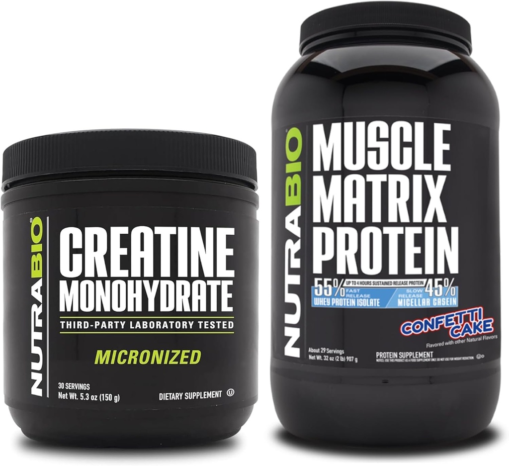 NutraBio Creatina Monohidrat, Nearomate, (150 g) si Muscle Matrix Proteine pulbere, (Confetti Cake) Supliment Bundle 