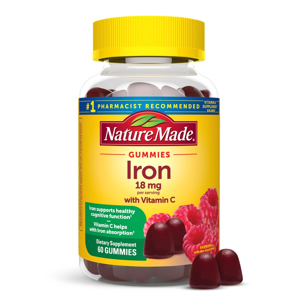 Natura Made Iron 18 mg per servire cu vitamina C, Supliment alimentar pentru suport de celule roșii din sânge, 60 Gumies, 30 zile de aprovizionare