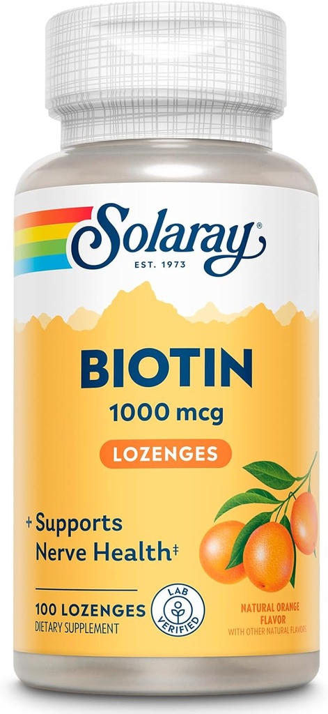 SOLARAY Biotin 1000mcg Lozenges - Supliment Biotin cu vitamina A - Functie nervoasa si suport energetic Cellular - Aroma naturala de suc de portocale, Gust deosebit, Garantie de 60 de zile, 100 Serviri, 100 Lozenge