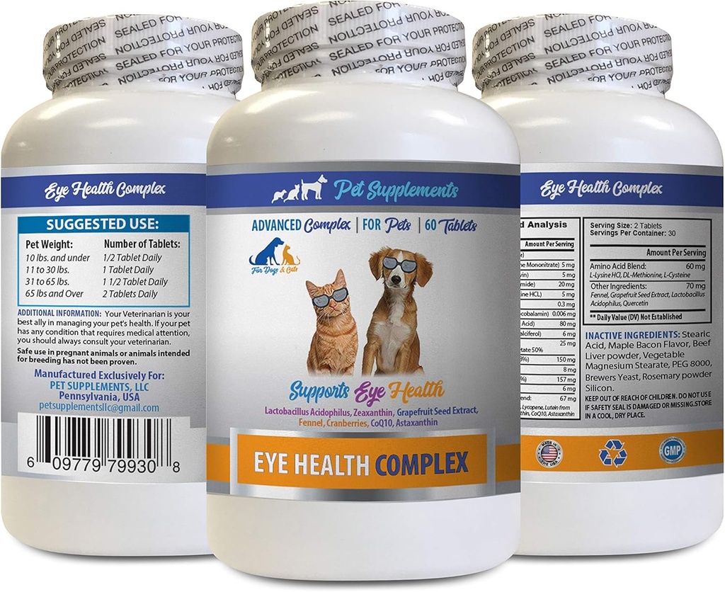 Dog Eye Vitamine - PET Eye Health Complex - Câini și pisici - Suportă viziune oculară - astaxantina pentru câini, Ochi Vision Suplimentul pentru câini și pisici, Sănătatea ochilor Vitamine Lutein și zeaxantină 1Bot 60Tabs