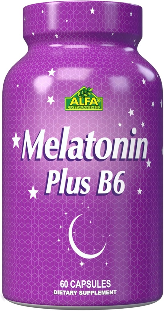 ALFA VITAMINS Melatonin Plus B-6 Supliment cu 5MG Regulator al ciclului de somn - Sănătate cardiovasculară - Sistem imunitar - 60 Capsule
