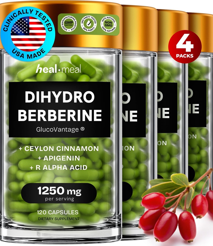 Dihidroberberină Supliment - Dehidro Berberine Supliment - Super Berberina Supliment cu Ceylon Scorțișoară & R Acid lipoic alfa & Apigenin - Hydroberberine 480 capace (4 cutii)