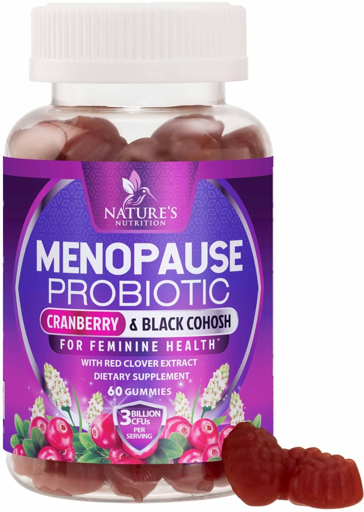 Menopauza Suplimente pentru femei - 3 Miliarde CFU Menopauza Naturala Menopauza Ajutor pentru Flashuri usoare si transpiratii nocturne, PH, Suport Vaginal pentru Sănătate Probiotice pentru Femei Gummy, Supliment Probiotic - 60 Gume