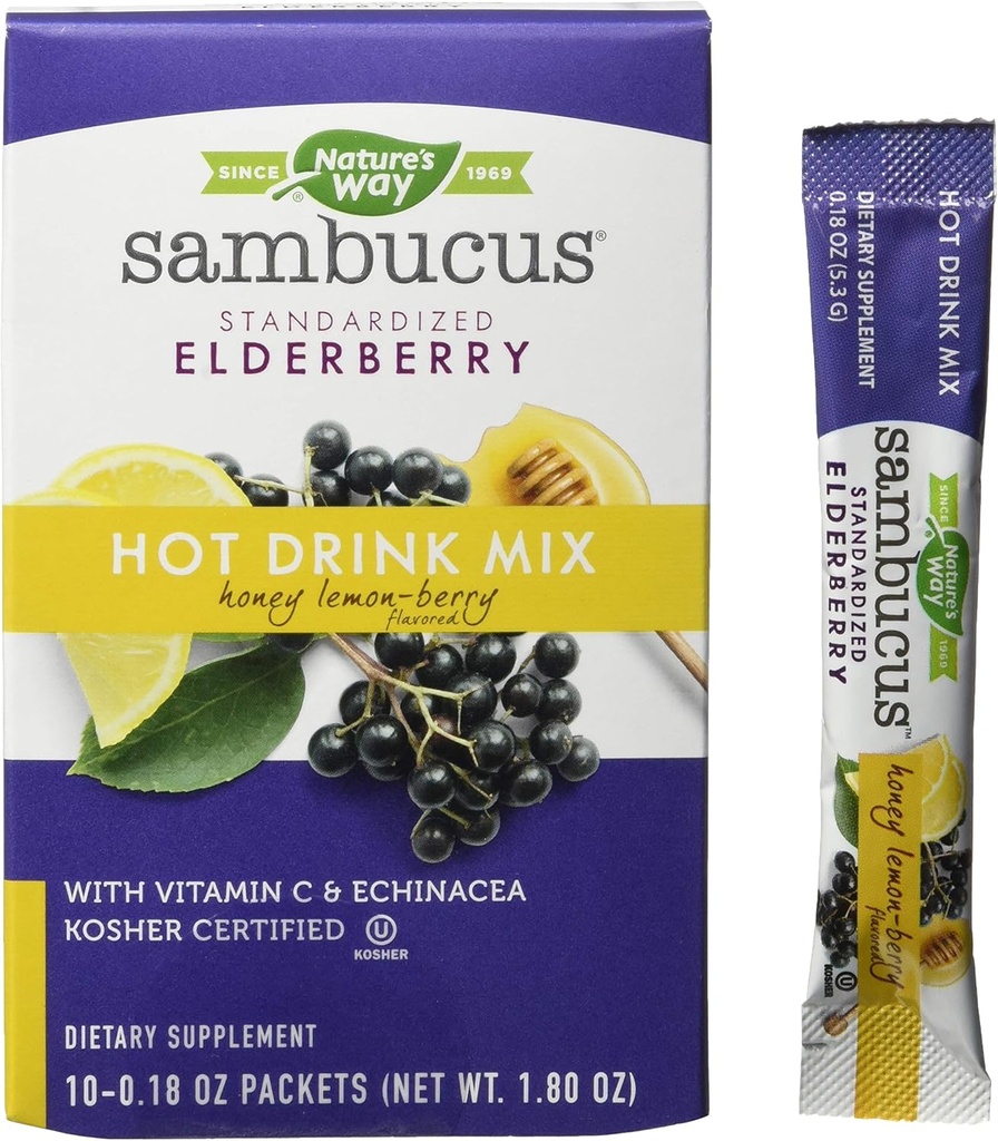 Natura's Way Nature's Way Sambucus Soothing Elderberry Hot Drink Mix, with Vitamina C & Echinacea, 10 Count, Honey Lemon-Berry Flavored, 10 Count (Pachet de 12)