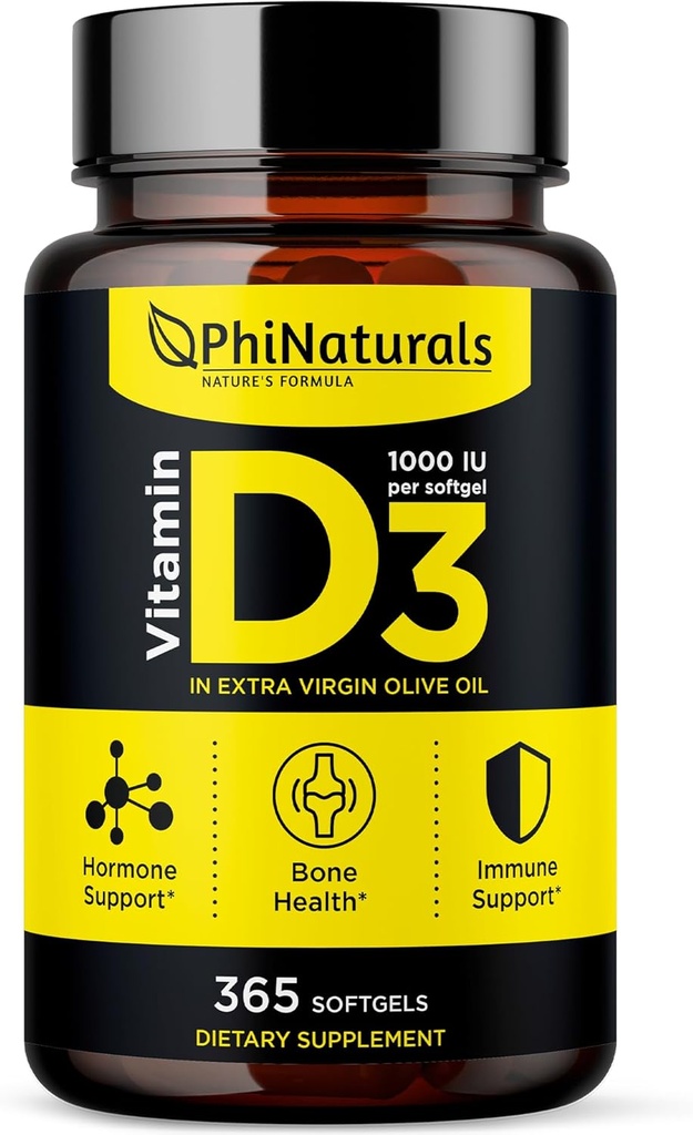 PhiNaturals Vitamina D3 1000iu Softgels Supliment Olive Oil Base 365 Gel Caps Un an de aprovizionare VIT D, Vitamina D 3 1000 ui
