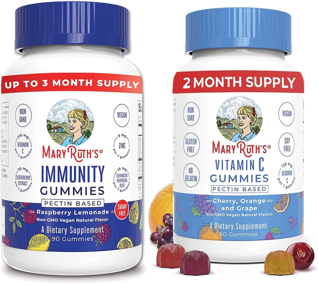MaryRuth Organics Elderberry Gummies for Immune Support (Sugar Free) & Vegan Vitamina C Gummies Bundle 