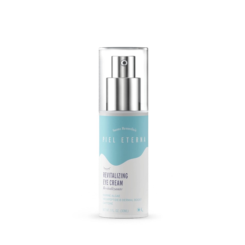 Santo Remedio, Piel Eterna, Revitalizing Eye Cream, Iluminant Eye Cream, Ajuta la reducerea cercurilor intunecate, Contine Marina Algae, Cafeina, Aloe, Acid hialuronic, Vitamina E, Pentru toate tipurile de piele, 1 Fl. Oz.