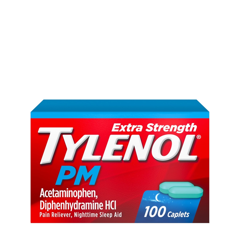 Tylenol PM Extra Putere Durere pe timp de noapte Relieiver & Caplete de ajutor pentru somn, 500 mg Acetaminofen & 25 mg HCl difenhidramina, Relief for Nighttime Aches & Pains, Non-Habit Forming, 100 ct
