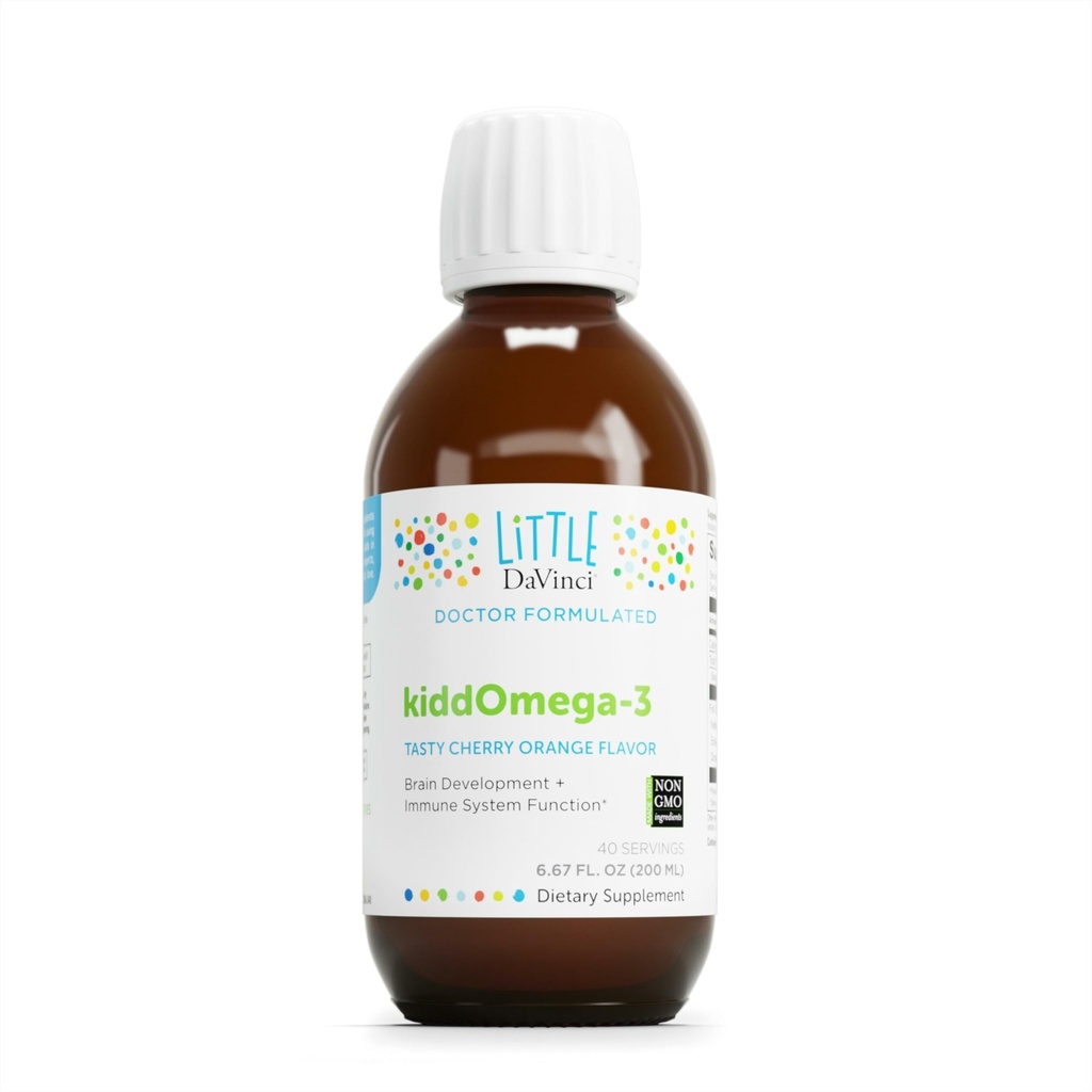 DAVINCI Labs kiddOmega-3 - Omega-3 lichid suplimentar pentru copii - pentru sistemul imunitar, focus și Brain Support* - cu fructe de Monk, DHA, EPA și More - Cherry Orange Flavor - 200ml