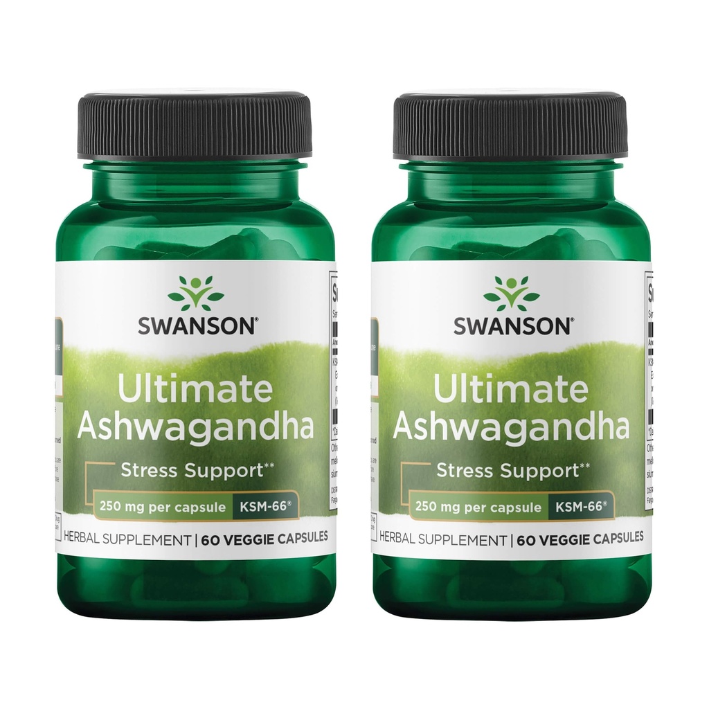 Swanson Ultimate Ashwagandha KSM-66 - Herbal Supplement Supporting Healthy Stress Levels & Relaxation - Natural Formula pentru a promova un calm și relaxat Mindset - (60 Veggie Capsule, 250mg Fiecare) (2 ambalaj)