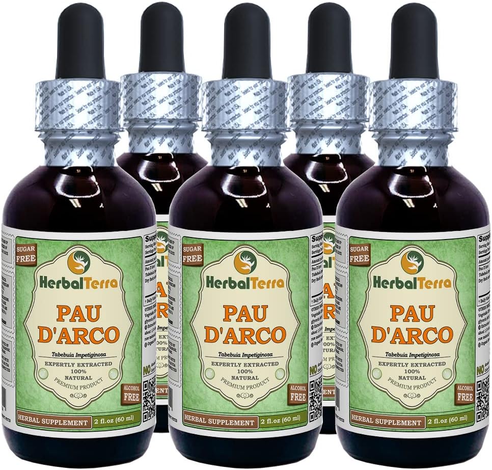 PAU d'arco (Tabebuia Impetiginosa) Glicerit, Extract lichid fără alcool din barcă uscată (Brand Name: HerbalTerra, Proudly Made in USA) 5x2 fl.oz (5x60 ml)