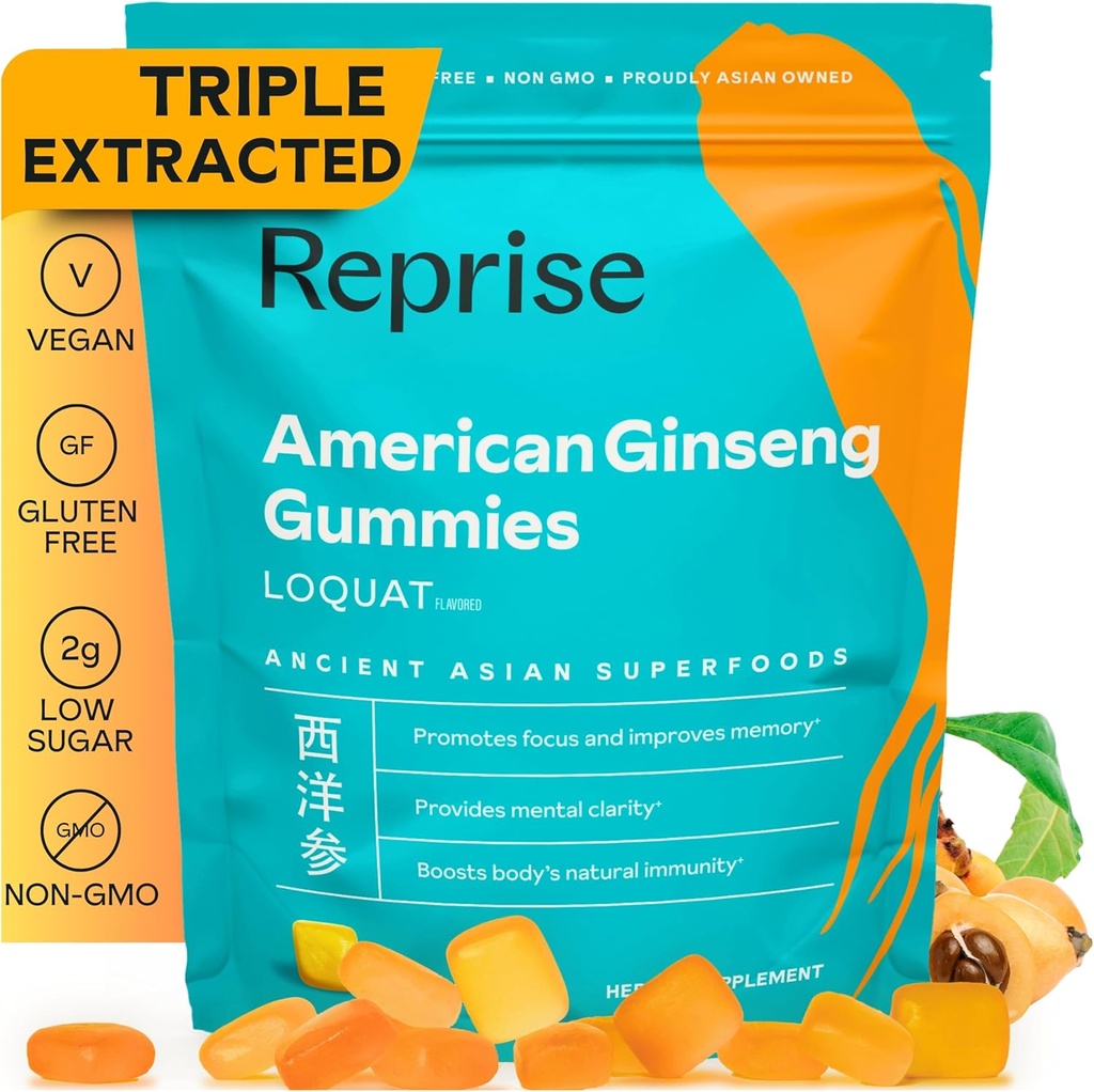 American Ginseng Energy Boost Gummies - All-Natural Full-Potency American Ginseng, Helps Lift Energy, Focus, și oferă sprijin imun, Low-Sugar, Vegan, 45 Gummies, Loquat Flavor
