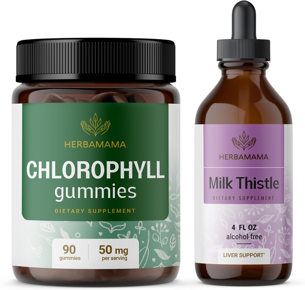 HERBAMAMA Clorofilă și lapte Thistle Kit - Bundle de 50 mg Gummie Clorofile și lapte Thistle extract Tincture 4 fl oz - Vegan, non-GMO, zahăr și alcool-free - 2 ambalaj