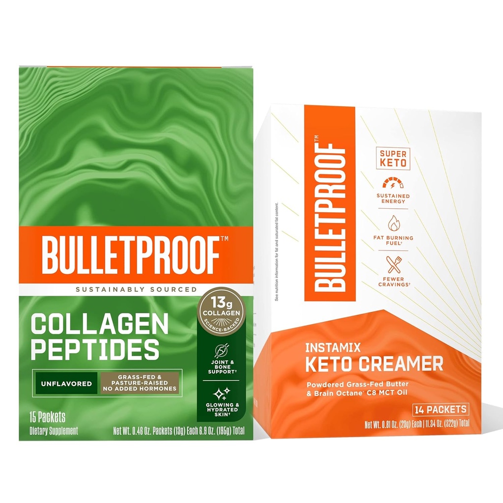 Bulletproof Coffee Duo - InstaMix Keto Coffee Creamer cu iarbă-Fed Ghee și ulei MCT, 14 Pack & Proteina Colagen nearomatizate cu 13g Colagen Peptides de iarbă-Fed pentru piele, oase și articulații, 15 Pack