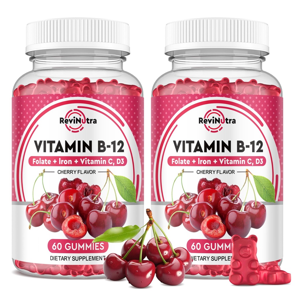 Vitamina B12 Gumiile - 5000 mcg Metilcobalamină cu fier, vitamina C, D3 & Folat, suport energetic și metabolism, imun, B-12 Complex Supliment masticabil pentru bărbați și femei, 120 Conte, 2 Pack