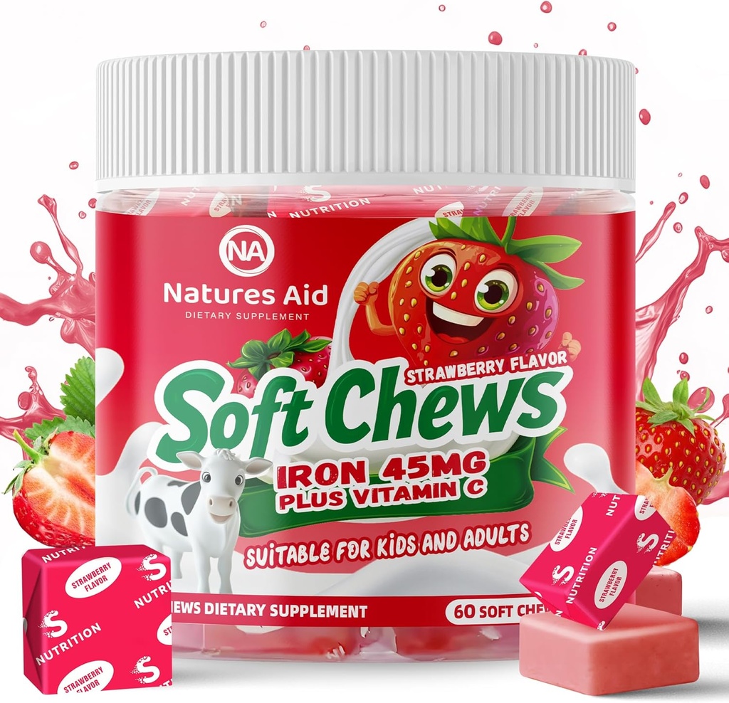 Supliment de fier masticabil pentru femei si copii - aroma de capsuni, vitamina de fier C Soft Chew pentru absorbtie maxima, fier ca fumarat feros, Ideal pentru deficit de fier, 2 luni de aprovizionare