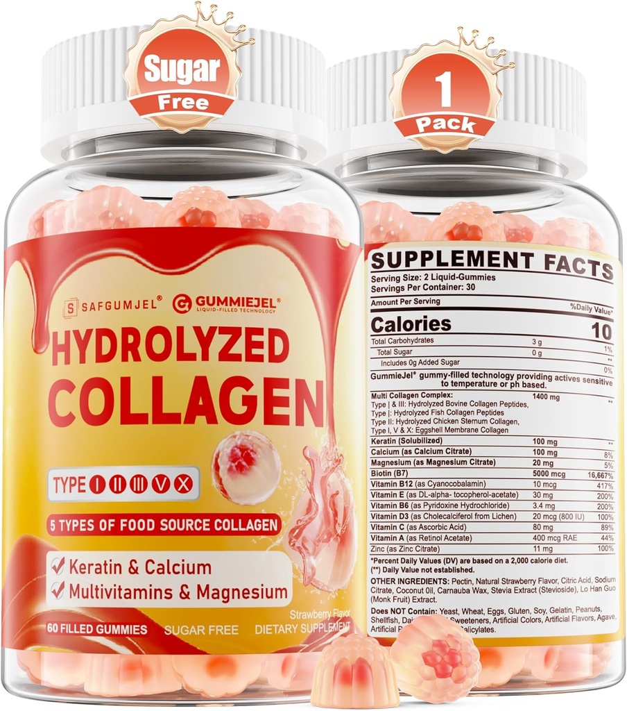 Colagen Peptide Gummies pentru femei, Sugar Free Multi Colagen Supliment, 1400mg Hidrolized Colagen Tipuri I II III V X, 5000mcg Biotina, Vitamina C A D3 B6 pentru par, Piele & unghii, Os, 60Cts