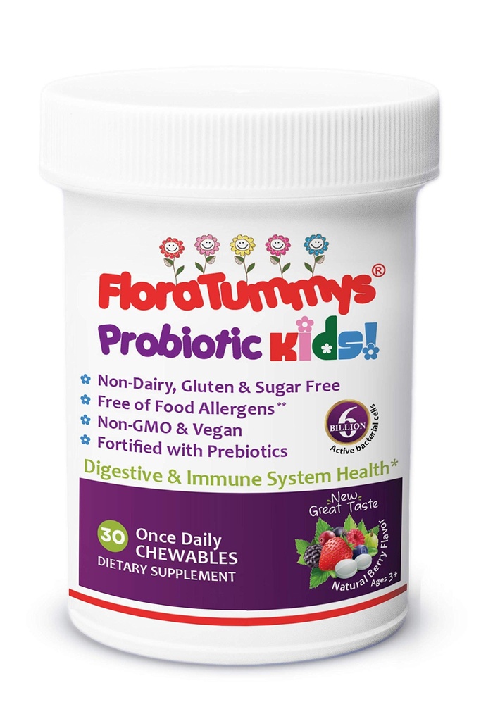 FloraTummys copii prebiotice probiotice mestecabile: non-Dairy, Gluten & Sugar-Free, Peanut & Soy Free, Non-GMO, Testat & Free of Food Allergens, Vegan, Kosher, Berry Flavor(1 sticla)
