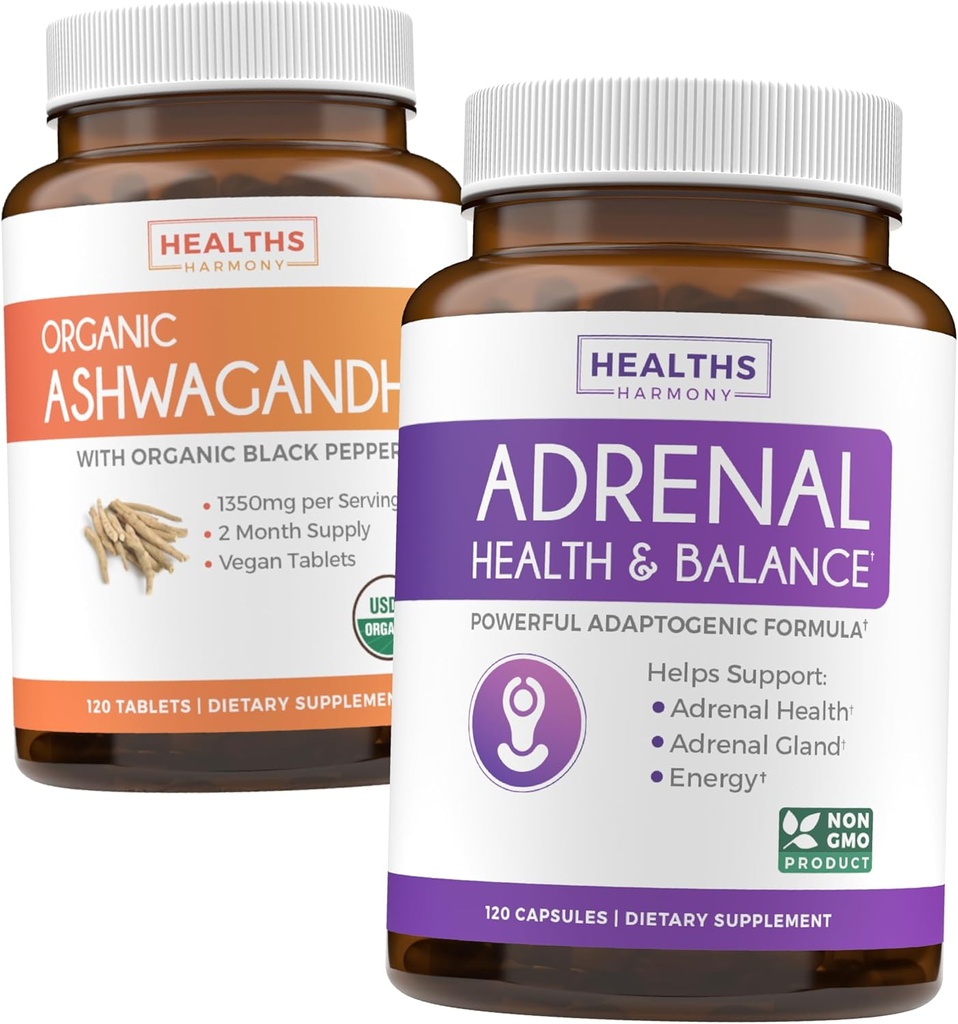 Ashwagandha & Adrenal (2-Lonth Supply) Balance Pack-Ashwagandha Natural Adrenal & Cortisol (120 Caps) & Adrenal System & Cortisol Manager L-Tyrosine Oboseala Suport (120 Cap)