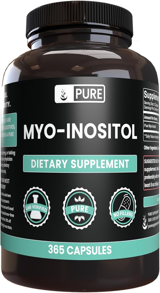 Ingrediente originale pure Myo-Inositol (365 capsule) Nu magneziu sau umpluturi de orez, întotdeauna pure, Lab verificate
