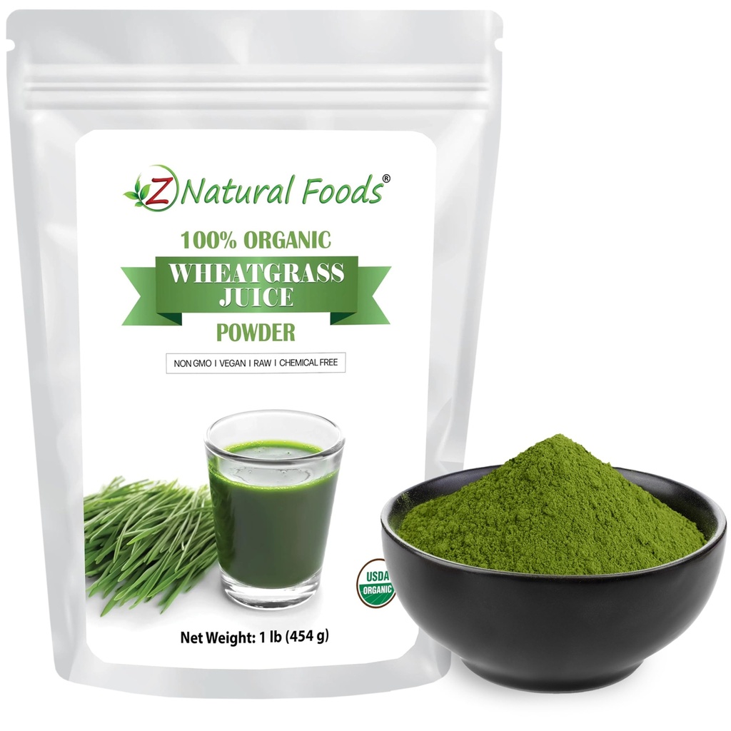 Z Natural Foods Pudră organică de grâu de suc - Superfood pentru îmbătrânire sănătoasă & Digestion - Non-GMO, Vegan, Kosher - Perfect pentru sucuri, iaurturi și piureuri - Wheatgrass Juice Powder Bliss, 1 lb