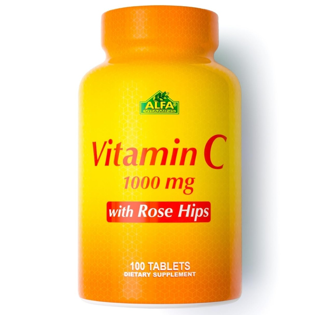ALFA VITAMINS Vitamina C cu Rose HIPS cu 1000 mg vitamina C per Serving - Antioxidant & Immunum Supports Healthy Skin & Joints - Non OMG, Vegan, Gluten Free, Dairy Free - 100 Comprimate