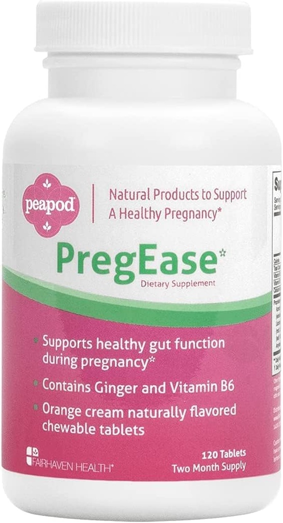 Fairhaven Heath Peapod PregEase Morning Boală Supliment pentru femeile gravide - Sweet Orange Tablete masticabile cu ghimbir și vitamina B6-2 lună de aprovizionare