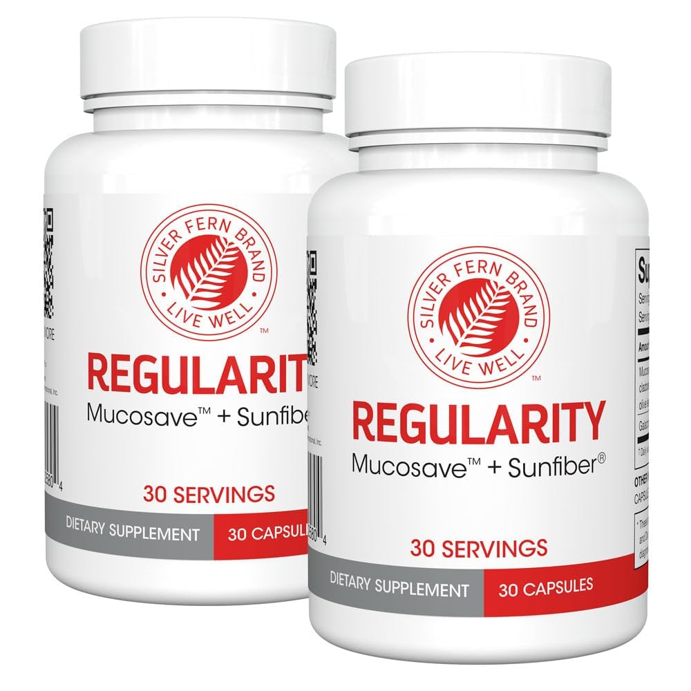 Silver Fern Brand Regularity Supliment digestiv - 2 flacoane = 60 capsule = 60 zile de aprovizionare - Mucosave FG (Prickly Pear Polysaccharides & Olive Leaf Polifenols) & SunFiber