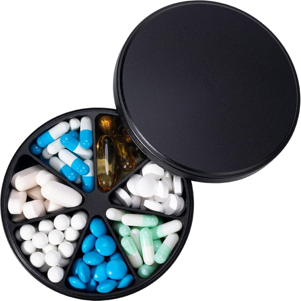 Metal Pilula Dispenser Organizator de pastile cu 7 Compartimente - Heavy Duty Anti-Mix Pilula Container, Mari impermeabile zilnic Pilula caz de vitamina, medicina, Supliment, Ulei de pește, 0.39lb (Negru)