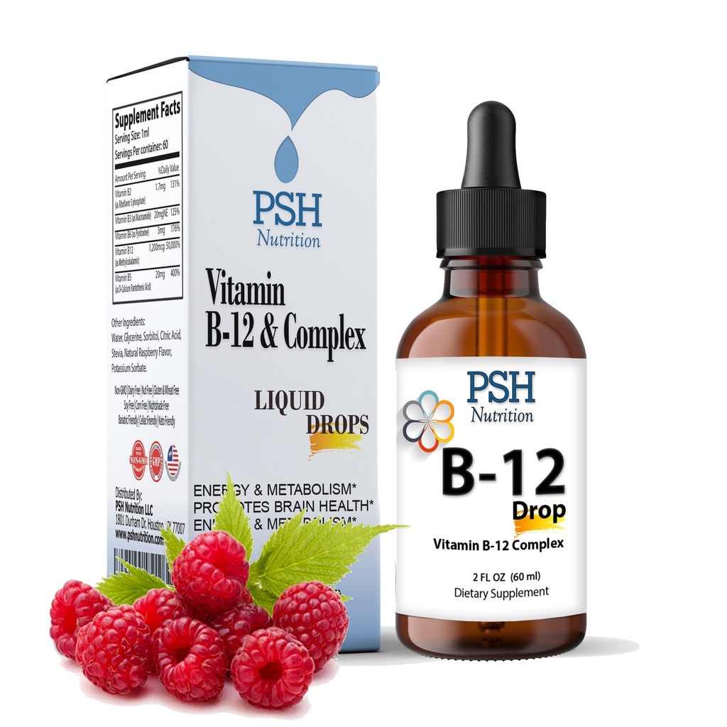 Premium PSH B picaturi lichid complex cu B12 - Booster de energie naturala - Statele Unite ale Americii Made Supplement for Energy and Focus Stress Relief and Energy and Immune Support - 2 fl oz