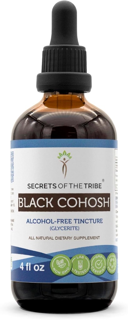 Secretele tribului negru Cohosh Tinctură Extract de alcool liber, picături de plante de înaltă calitate, Tinctură făcută din negru Cohosh de crescătorie responsabil (Cimicifuga Racemosa) Root uscat 4 oz