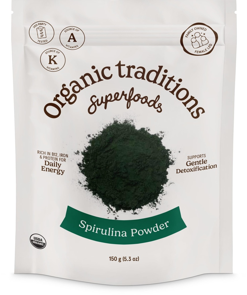 Tradiții organice Spirulina Organic Powder Vegan non-GMO Superfood, 5.3oz (150g) sac, 50 Servings per sac
