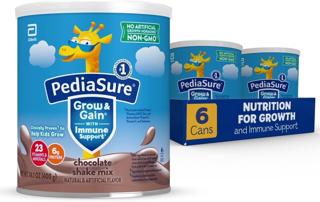 PediaSure Grow & Gain with Immune Support Shake Mix Powder, 23 Vitamine & Minerale, 6g Proteine, Non-GMO, Gluten-Free, Nutritie pentru copii, Ciocolata, 14,1 oz Can, Pachet de 6-48 portii