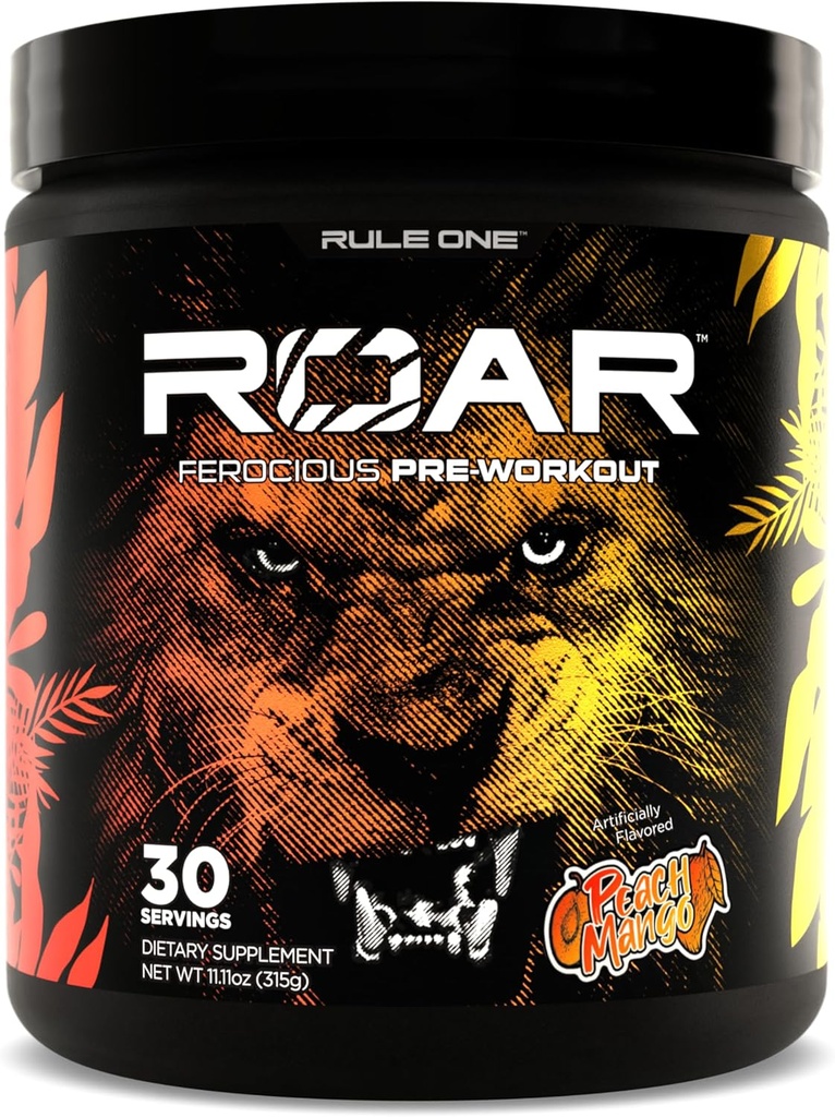 Regula 1 R1 Roar - Praf de pregătire prealabilă cu Creatină, Beta-Alanină, Citrulină, Electroliți și Cafeină (30 Serviri, Peach Mango)