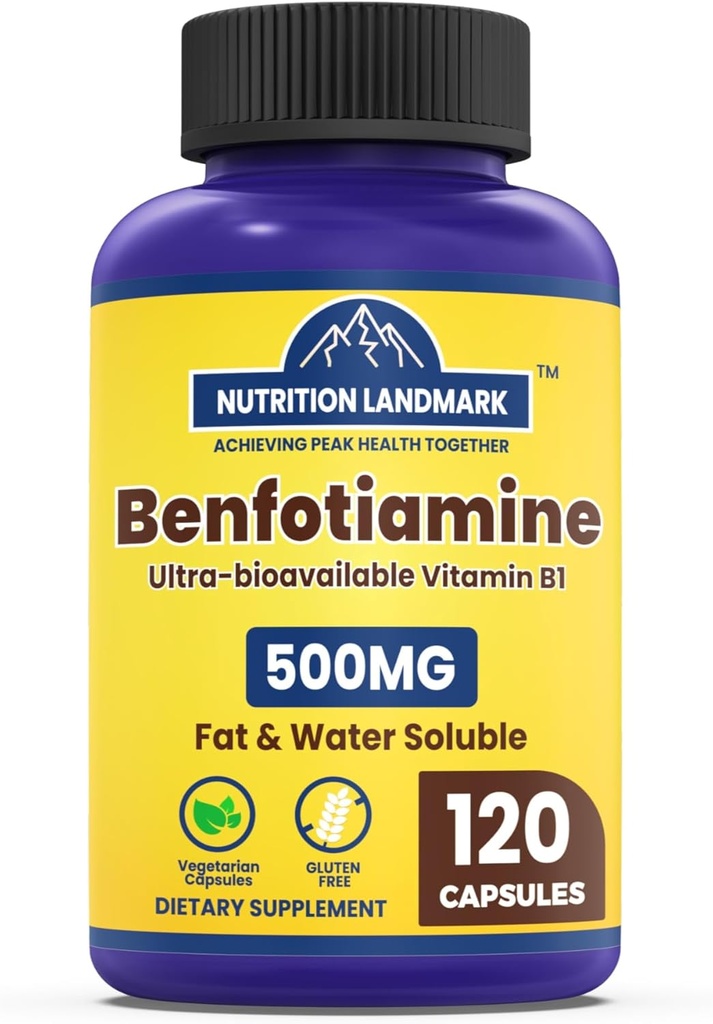 Vitamina B1 Benfotiamină, 500 mg per Serving, 120 capsule, Fat & apă Soluble Vitamina B1, Gluten Free, Non-GMO, Vegetarian