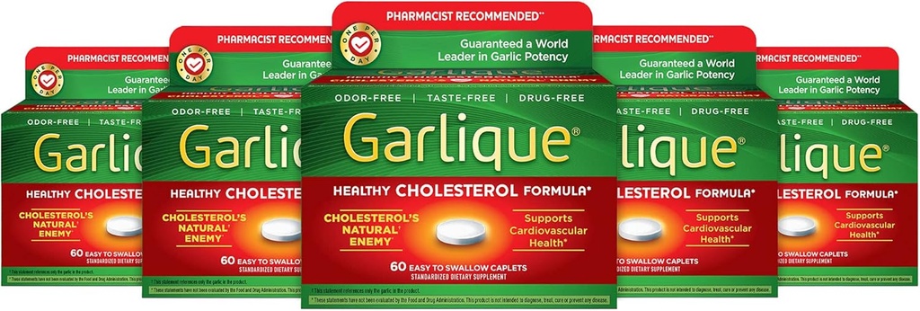 Garlique Healthy Cholesterol Formula cu 5000 mcg de Allicin, 60 caplete enterice acoperite (Pachet de 5)
