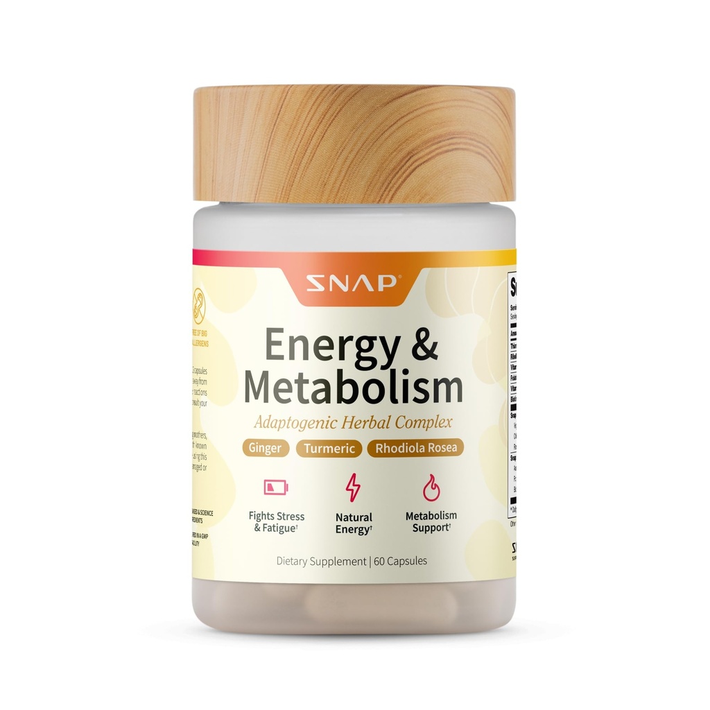 Snap Suplimente Energetic & Metabolism Herbal Complex pentru Oboseală, Stres Relief, Booster de energie și mai bună stare de spirit, Pastile de energie pentru femei și bărbați, 60 Capsule (30 Serviri, 1 lună de aprovizionare)