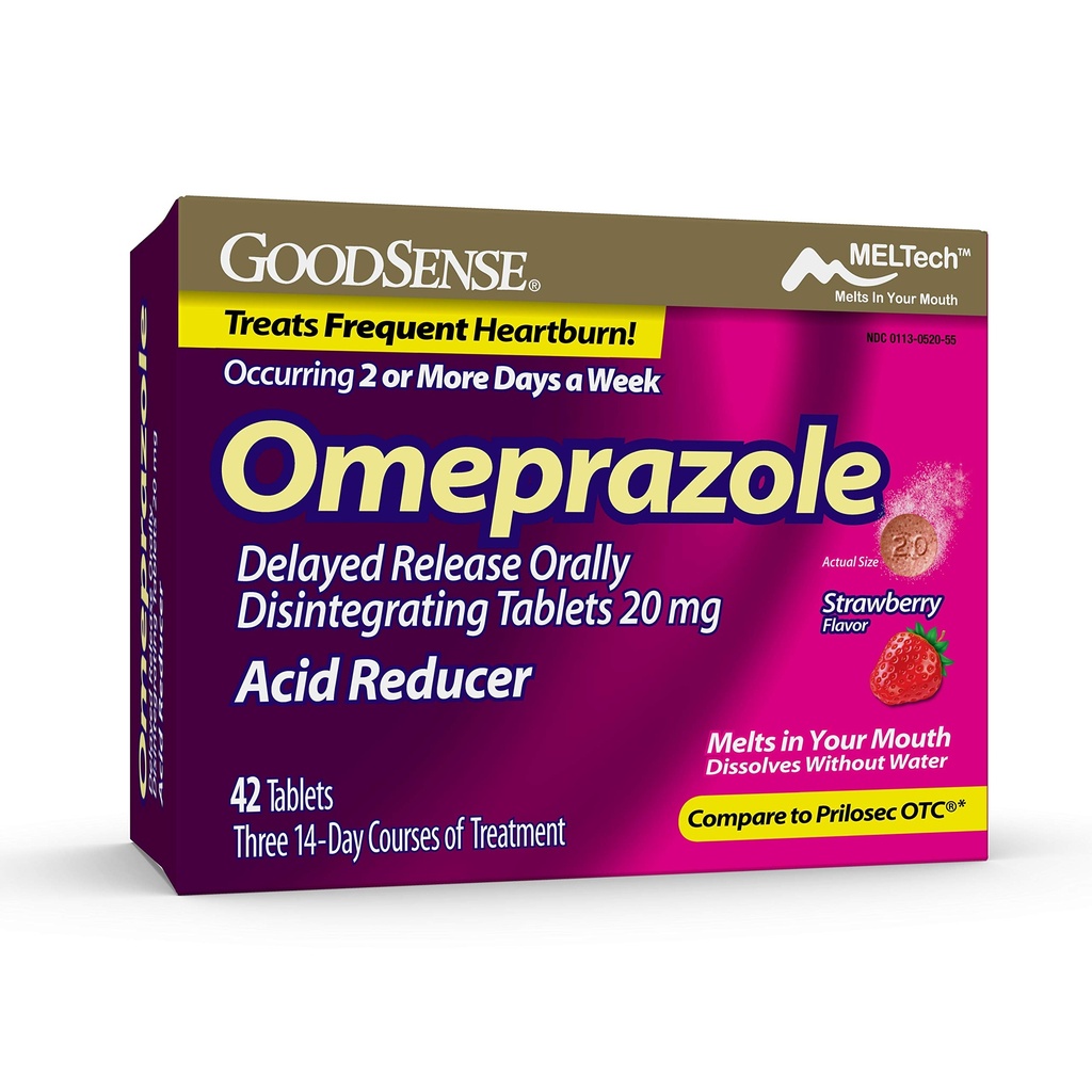 Omeprazolul GoodSense a întârziat eliberarea orală a comprimatelor de dezintegrare 20 mg, aromă de căpşuni, file de dizolvare, tratează frecvent arsuri la stomac, Reductor de acid, Medicină cu arsuri la stomac, 42 comprimate