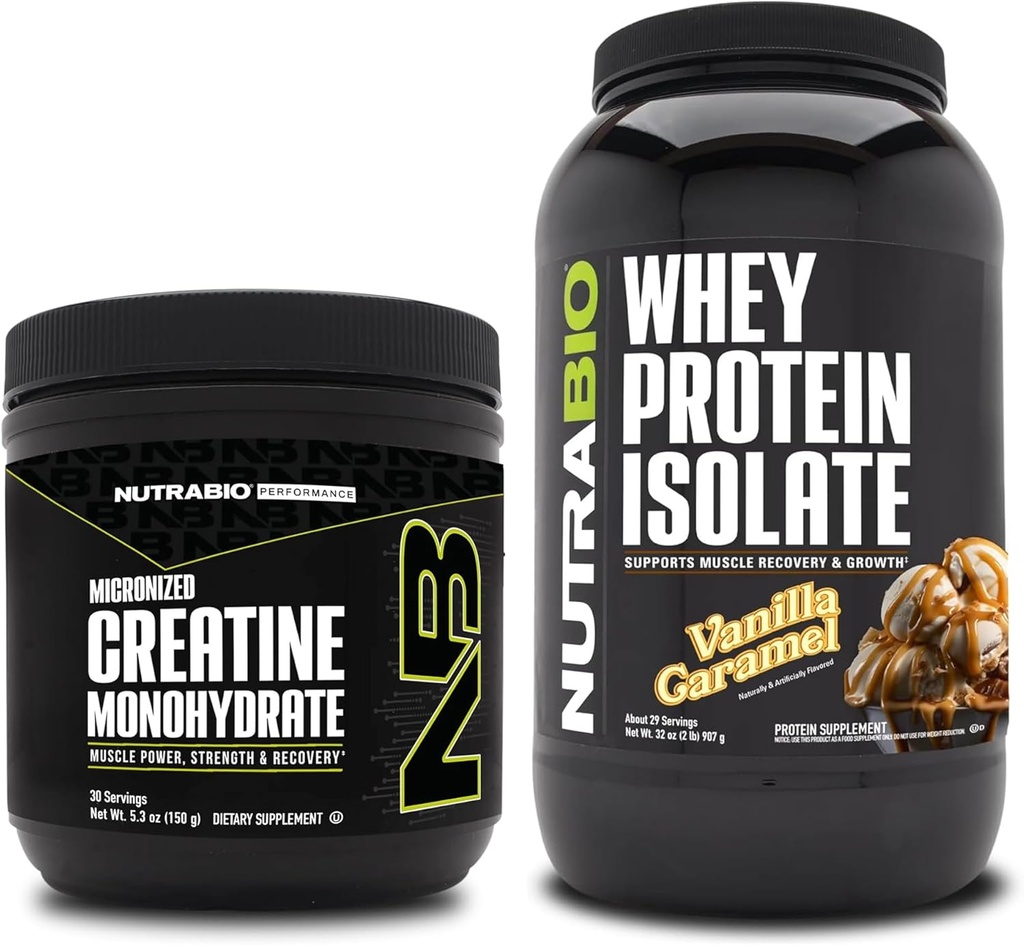 NutraBio Creatina Monohidrat, Nearomate, 150g și Whey Proteine Izolat, Vanilla Caramel, Supliment Bundle - Energie musculară, Lean musculare creștere, recuperare, și puterea