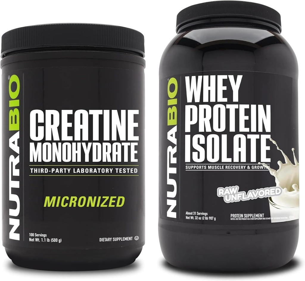 NutraBio Creatina Monohidrat, Nearomated, 500g și Whey Proteine Izolate, Nearomate, Supliment Bundle - Energie musculară, Lean musculare creștere, recuperare și puterea