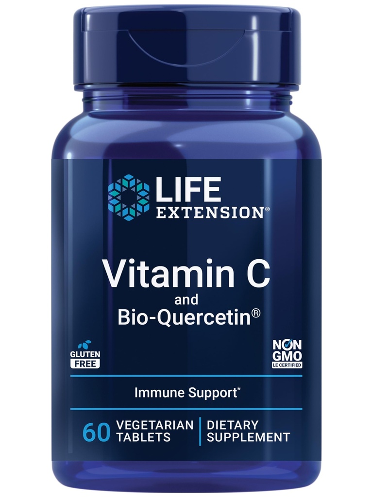 Extensie de viaţă Vitamina C şi Bio-Quercetin®, Suplimentul cardiovascular de sănătate, Suport Imun, Foarte absorbabil, quercetină, Vitamina C, Gluten gratuit, Non-GMO, Vegetarian, 60 comprimate