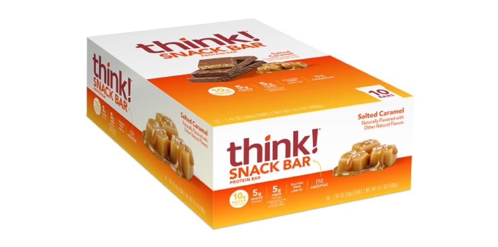 Gândeşte-te! Baruri de proteine cu rădăcină de cicoare pentru fibre, caramel sărat, bare de snack fără îndulcitori artificiali, 1.4 Oz, 10 Ct