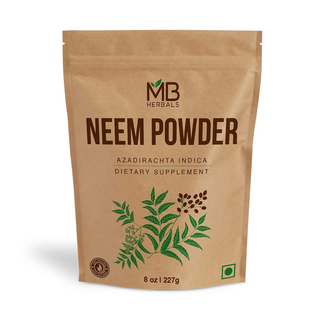 MB Herbals Pure Neem Powder 8 oz 227 Gram / 0.5 LB Pure Wild-Crafted Neem Leaf Powder 