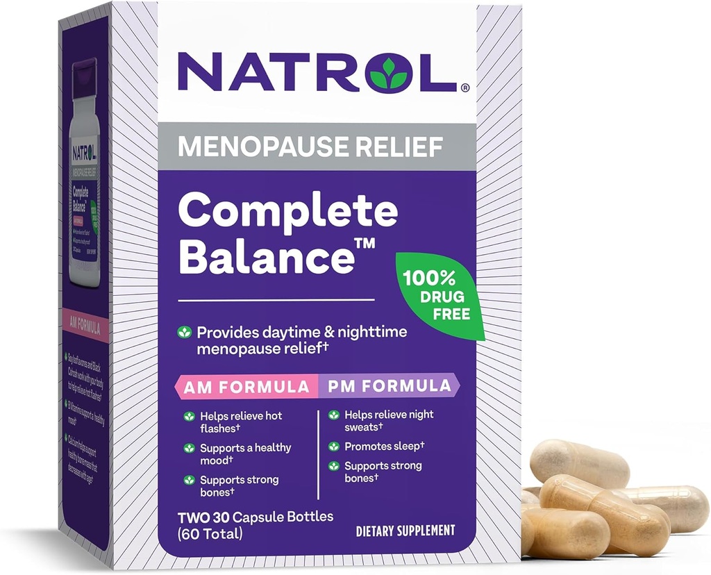 Natrol Echilibru complet, Supliment alimentar pentru Menopause Relief, A.M./P.M. Menopauza Ajutor pentru femei, 60 Capsule, până la 30 zile de aprovizionare