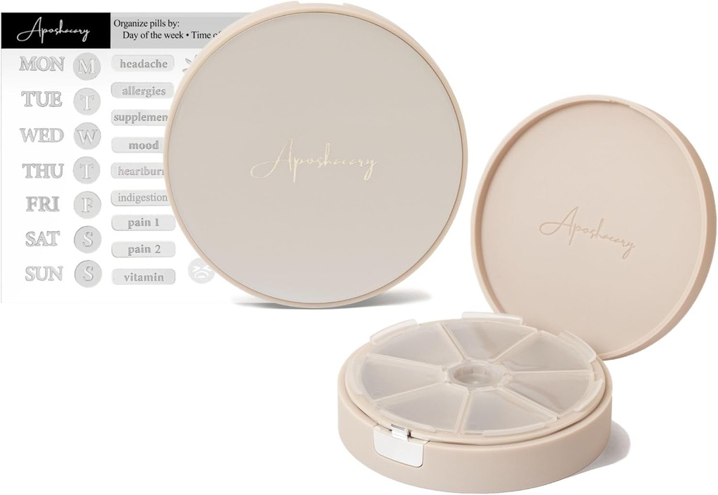 7 Compartiments Pill Case, Pill Box, Daily Pill Organizator, Travel Pill Organizator, Organizator de medicamente, Personalizabil Pilula Dispenser cu etichete autocolante (Pearl Cream)