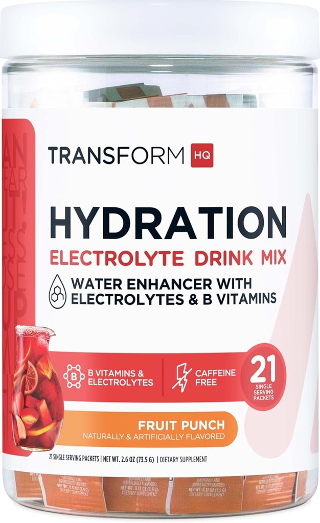 TransformHQ Hydration Drink Mix (21 Pachete de unică servire, Punch de fructe) - Supliment de hidratare Blend cu vitamine și electroliți