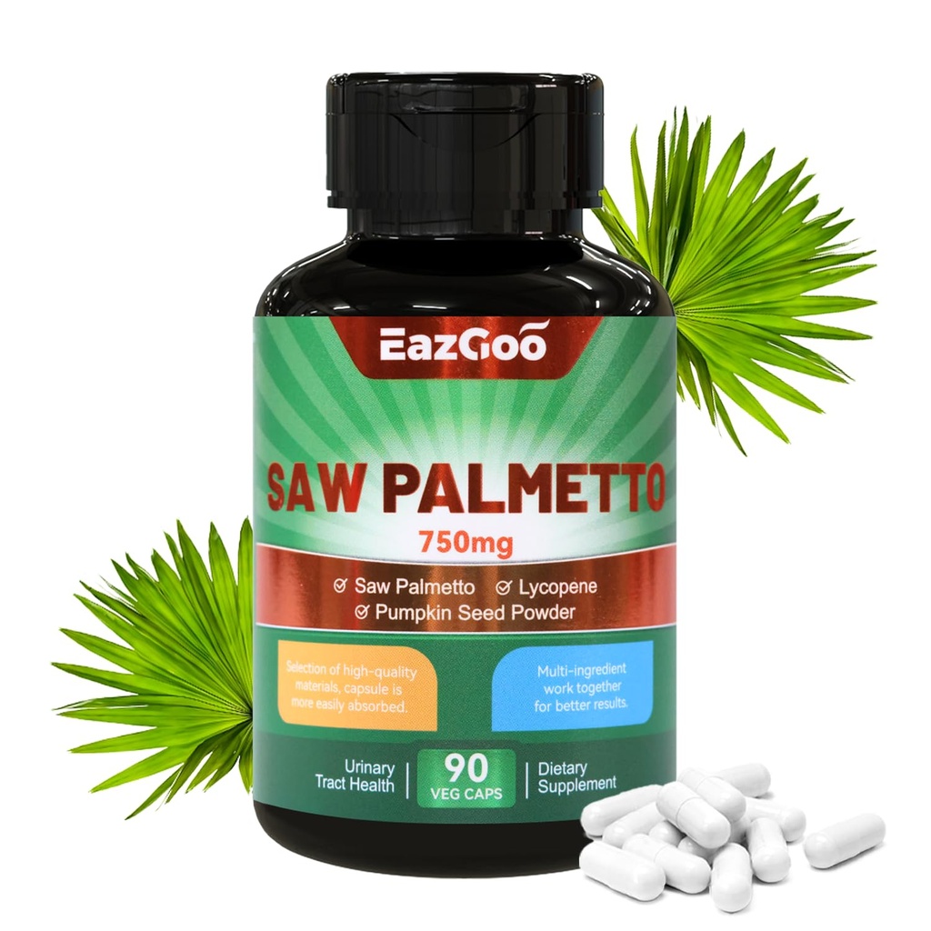 Saw Palmetto Supliment, Saw Palmetto extract 750mg, cu Lycopene, Pumpkin Seed Powder, pentru bărbați și femei, Non-GOMOs & Gluten, Vegan, 90 capsule conte